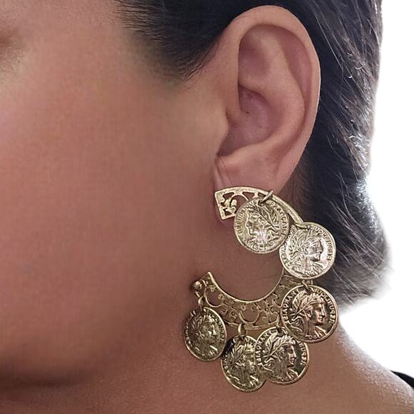 Chandelier Portrait Gold Tone Coins Hoop Drop Earrings - Picture 6 of 6